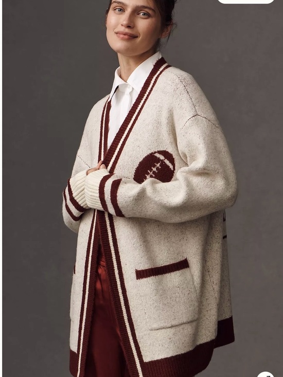 Anthropologie Sweaters - Anthropologie Cream and Burgundy Football-Accent Cardigan